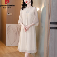 皮爾卡丹（pierre cardin）新中式仿真.絲連衣裙2025夏季新款刺繡女改良旗袍中國風(fēng)女裝 杏色 XL