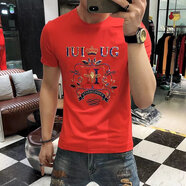 Angelgonzales歐洲站男士純棉燙鉆印花短袖T恤潮流修身夏季新款打底衫潮男 紅色 L