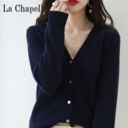 拉夏貝爾（La Chapelle）春秋薄款開(kāi)衫女針織羊 毛衫圓領(lǐng)外搭開(kāi)襟毛衣女外套百搭顯瘦線(xiàn)衫 純100自動(dòng)發(fā)熱V 領(lǐng)藏藍 純100自動(dòng)發(fā)熱M