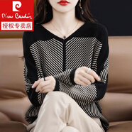 皮爾卡丹（pierre cardin）條紋針織衫女v領(lǐng)毛衣上衣2023秋冬新款拼色蝙蝠衫寬松打底洋氣外 TT0582%23黑色 XL 建議135-150斤
