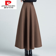 皮爾卡丹針織冬季女格子高腰毛呢半身裙秋冬大擺a字長(cháng)裙加厚中長(cháng)款傘裙針 駝色 XL
