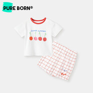 博睿恩（Pureborn）網(wǎng)紅款男女寶寶套裝夏季薄款純棉T恤褲子?jì)雰阂路绦涠萄?紅色方格 80