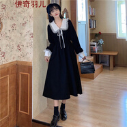 春裝夏季秋冬連衣裙女裝針織衣服旗袍禮服百褶花邊西裝冬季小香風(fēng)套裝新品冬裙子洛麗塔打底長(cháng)裙修身蕾絲 黑色 XL