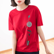 琳茹曼純棉短袖t恤女新款女裝夏季韓版寬松印花體恤上衣潮 紅色 XL