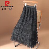 皮爾卡丹高檔品牌女裝高端氣質(zhì)網(wǎng)紗半身裙女秋冬裝2022新款超仙a字長(zhǎng)裙顯瘦層層蛋糕裙顯瘦 黑色 XL