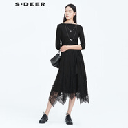 sdeer圣迪奧春季女裝時(shí)尚百搭五分袖通勤中長(cháng)裙復古蕾絲拼接高腰連衣裙女S20181215 黑色/91 M/165
