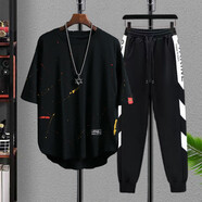 VZVJ胖子短袖套裝加肥加大碼T恤兩件套胖子男裝長(cháng)褲休閑套裝夏季薄款 PM黑色(上衣+拼接褲) XL(115-125斤)