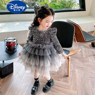 迪士尼（Disney）女童亮片閃閃公主裙蓬蓬裙網(wǎng)紗長袖連衣裙小女孩生日禮服洋氣裙子 銀色 140cm