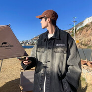 POUM美式復古漸變牛仔外套男春季高街工裝夾克寬松潮流休閑衣服男 CRB-2016黑色 XL