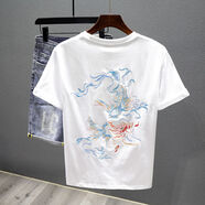 牧獸新款國(guó)潮民族風(fēng)鳳凰刺繡短袖T恤男夏季重磅純棉半袖打底體恤 白色 M