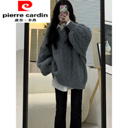 皮爾卡丹（pierre cardin）V領燈籠袖灰色毛衣女寬松外穿遮臀部慵懶風秋冬新款加厚韓系針織 煙灰色【優(yōu)質(zhì)版】 XL 建議120-130斤