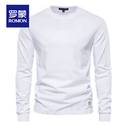 羅蒙（ROMON）純色男t恤小白T休閑長袖純棉打底衫早春百搭圓領白色重磅上衣 白色 M 體重125-145斤