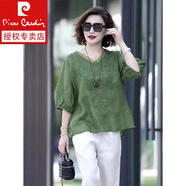 皮爾卡丹（pierre cardin）棉麻套裝女中年素訂棉麻2023新款夏兩貴夫人闊太太 綠色單上衣 L 115-130斤