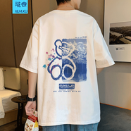 埖煦純棉短袖t恤男2022夏季新款情侶裝短袖夏季男裝潮流港風(fēng)印花短袖T恤夏裝設(shè)計(jì)感小眾上衣班服 白色 L