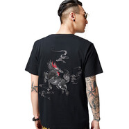 天龍致尊（Denon supreme）短袖t恤男女潮牌夏季國潮中華龍刺繡體恤純棉寬松中國風(fēng)情侶T恤衫 870麒麟黑色 3XL(建議180-190斤)