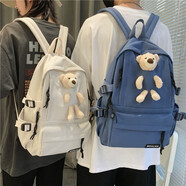 酷咖書(shū)包男女小熊潮牌ins大容量背包初高中大學(xué)生雙肩包筆記本電腦包 藍色帶毛絨小熊
