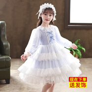 秋卷童裝女童洛麗塔公主裙兒童連衣裙長(cháng)袖格子蕾絲蓬蓬裙春秋女孩裙子 淺藍色/春秋款 130 碼/參考身高115-125cm
