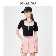 曼婭奴（MIGAINO）簡(jiǎn)約針織衫女2025年早秋新款方領(lǐng)時(shí)尚刺繡短袖上衣 黑色 155/80A/S