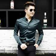 美羅邦男士商務(wù)休閑修身純色襯衣韓版繡花休閑潮男長(cháng)袖光滑免燙半袖襯衫 薄款長(cháng)柚墨綠色 M/適合100斤--110斤