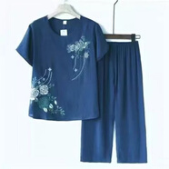 Lauaird 中老年女裝夏季套裝棉麻媽媽裝短袖T恤褲子兩件套老人奶奶衣服 牛仔藍(lán)-套裝 4XL建議135-150