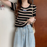 KAHTOP2025夏新款韓版短袖針織衫夏季女修身短款條紋上衣女裝打底衫BLL 黑色 均碼 【75斤-120斤】