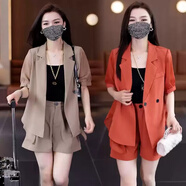 憶靈時(shí)尚防曬西裝短褲套裝女2024夏季新款洋氣顯瘦休閑西服褲子兩件套 香檳色短袖【三件套】 XL（建議120-135斤）