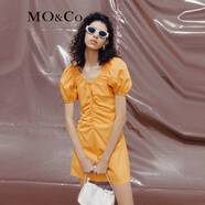 MO&Co.度假風(fēng)捏褶收腰泡泡袖V領(lǐng)連衣裙氣質(zhì)小眾高端裙子女摩安珂 熱力橙色-第1批 L 170