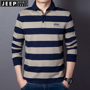 JEEP SPIRIT吉普休閑純棉翻領條紋長袖t恤男春秋珠地商務體恤衫繡標大碼上衣 卡其色6906款 2XL (185) /100A建議160-170斤