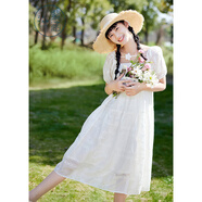 紫涵長(cháng)款泡泡袖連衣裙女夏季花朵刺繡純色度假風(fēng)裙子百搭 米白 XS