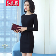 瓦塔諾連衣裙長(zhǎng)袖打底裙子女裝時(shí)尚職業(yè)裝包臀春秋款新款優(yōu)雅 黑色 L(105-115斤)