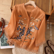 蘑菇同學復古苧麻刺繡襯衫女夏季寬松大碼歐根紗拼接中袖襯衣顯瘦V領小衫 橘色 M（建議95-115斤）