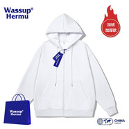 WASSUP HERMU官方潮流連帽衛衣男春秋季運動(dòng)休閑情侶套裝大碼外套潮牌長(cháng)袖開(kāi)衫 加絨加厚-白色 M（建議90-110斤）
