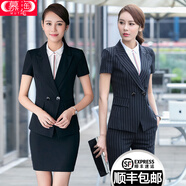 慕淘 職業(yè)裝套裝女2020春夏季新款修身氣質(zhì)時(shí)尚商務(wù)白領(lǐng)工作制服條紋黑色短袖西裝工作服薄銷售 黑條紋（單西裝） L