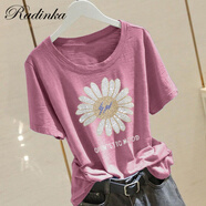 Radinka2026夏新款竹節棉鑲鉆純棉短袖T恤女韓寬松白色上衣HBN 1214#【燙鉆雛菊】紫紅色 M 