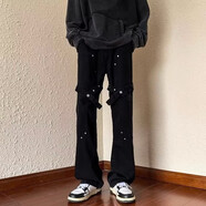衣然呈品美式微喇設(shè)計感牛仔褲男高街潮牌黑色綁帶直筒休閑寬松長褲子男士 黑色【A款】 L【建議110-130斤】