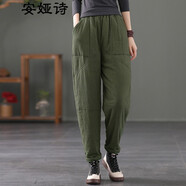 安婭詩(shī)外穿棉褲女冬季文藝范簡(jiǎn)約直筒休閑褲女夾棉加厚保暖褲女棉麻長(cháng)褲子 軍綠色 L建議120-145斤