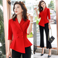 訫噯逸衫職業(yè)裝女裝套裝中袖春夏新款時(shí)尚小香風(fēng)西裝空姐制服美容師工作服 紅色西服+黑色半身裙 XL (建議112-120斤）