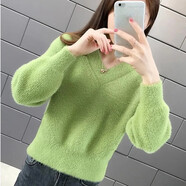 妙變美女毛衣女2023年春季新款女裝加厚保暖套頭針織打底衫女寬松v領(lǐng)上衣 果綠 M 建議95-105斤