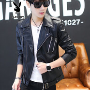 花花公子秋冬季皮衣男潮流修身韓版男裝皮夾克男士秋季皮外套機車(chē)短款上衣 黑色 XL