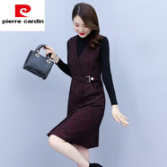 皮爾卡丹（pierre cardin）毛呢V領(lǐng)背心收腰條紋馬甲連衣裙氣質(zhì)打底顯瘦大尺碼兩裝女秋冬202 單件酒紅裙 3XL 135-145斤