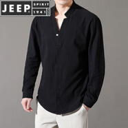 JEEP SPIRIT純棉男土長(zhǎng)袖t恤秋季薄款透氣棉麻襯衫中國(guó)風(fēng)男士戶外防曬工作服 8K01長(zhǎng) 袖黑色 M (80-100斤)