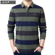 JEEP SPIRIT吉普休閑翻領(lǐng)棉質(zhì)條紋長(zhǎng)袖t恤男秋季商務(wù)繡標(biāo)水洗體恤衫彈力上衣 卡其 M (170) /88A建議120-130斤
