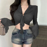 爵士舞露臍上衣女舞蹈服裝緊身高腰冬季純色網(wǎng)紗長(zhǎng)袖T恤女純欲性感辣妹綁帶喇叭袖微透顯瘦短款上 黑色 S