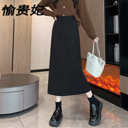 愉貴妃毛呢半身裙女秋冬中長款加厚高腰包臀一步裙小個子開叉a字裙半裙 黑色半身裙 S