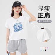 真維斯圓領(lǐng)寬松純棉短袖t恤女春秋季新款短款小個(gè)子休閑t恤長(cháng)袖上衣服GX 白-淺藍油畫(huà) M 【100%純棉】