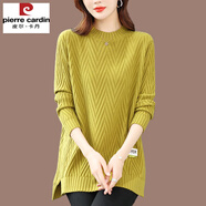 皮爾卡丹（pierre cardin）羊毛衫開叉毛衣女中長款寬松顯瘦針織衫圓領(lǐng)碼大打底衫羊絨上衣 黃色 5XL建議175-190斤