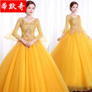 音樂藝考禮服蓬蓬帶袖彩紗學(xué)生聲樂主持人演出服裝女士舞臺獨(dú)唱蓬蓬裙長款晚禮服女成人唱歌 金黃色 XL
