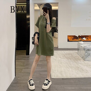BVX夏季短袖連衣裙女新款時尚設(shè)計感露肩簡約百搭氣質(zhì)A字T恤裙潮 綠色 S