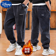 迪士尼（Disney）男孩褲子百搭兒童牛仔褲男童休閑褲帥氣韓版束腳長(zhǎng)褲夏季薄款中大 黑色加絨牛仔褲 170 適合身高160- 170cm年齡14-15