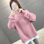 【下衣失蹤】遮臀蓋屁股包臀衛衣女中長(cháng)款美女圖案春秋薄款中長(cháng)款衛衣春新款假兩件時(shí)尚洋氣圓領(lǐng)上衣潮 粉紅色【春秋款_純色無(wú)印花】 M_建議85-100斤